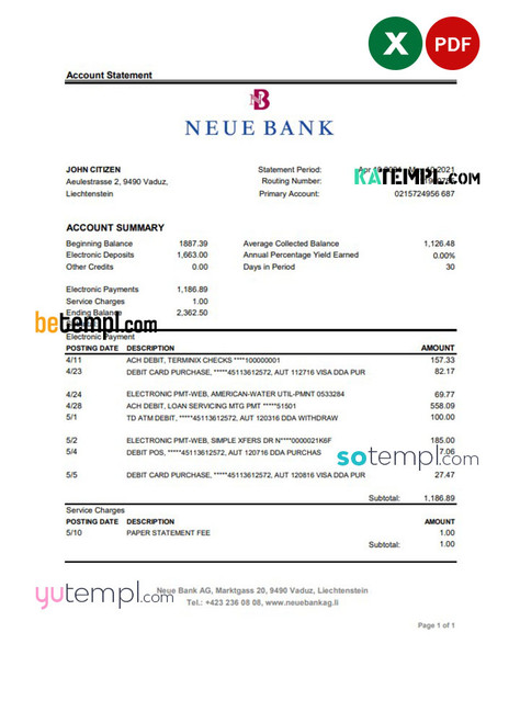 Liechtenstein Neue Bank AG bank statement easy to fill template in .xls and .pdf file format