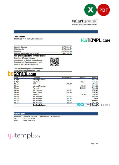 Liechtenstein Valartis bank statement Excel and PDF template