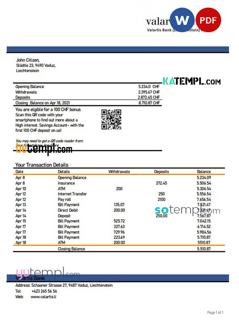 Liechtenstein Valartis bank statement template in Word and PDF format