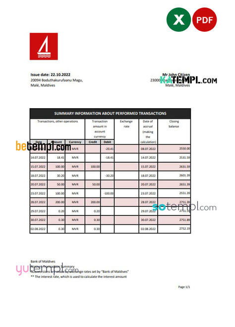 Maldives Bank of Maldives bank statement Excel and PDF template