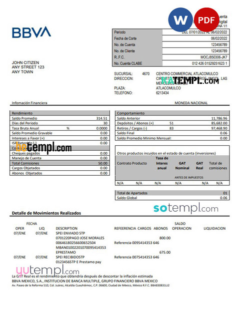 Mexico BBVA bank statement Word and PDF template, fully editable