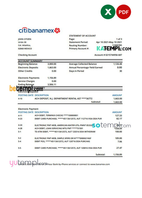 Mexico Citibanamex bank statement easy to fill template in .xls and .pdf file format