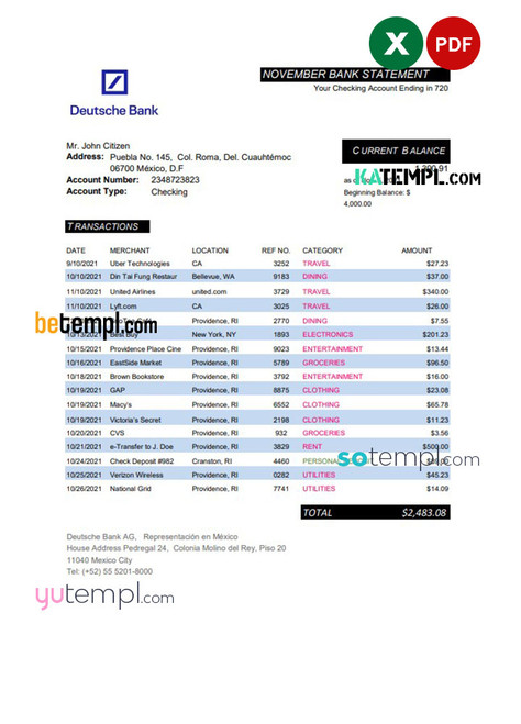 Mexico Deutsche bank statement easy to fill template in Excel and PDF format