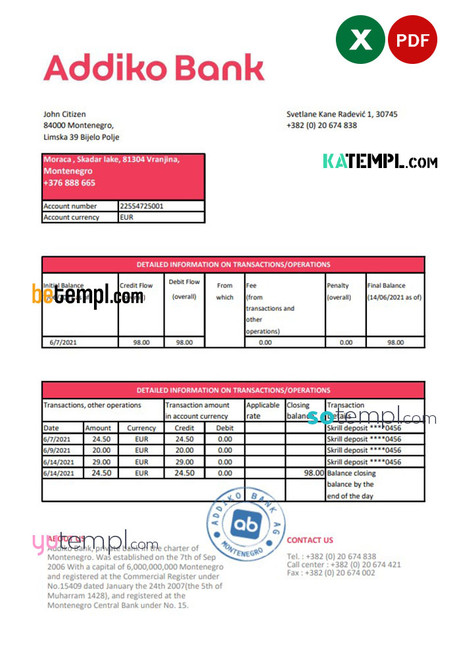 Montenegro Addiko Bank statement easy to fill template in .xls and .pdf file format