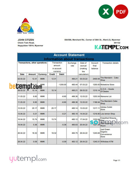Myanmar Innwa Bank Limited bank statement Excel and PDF template