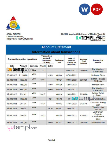 Myanmar Innwa bank statement template in Word and PDF format