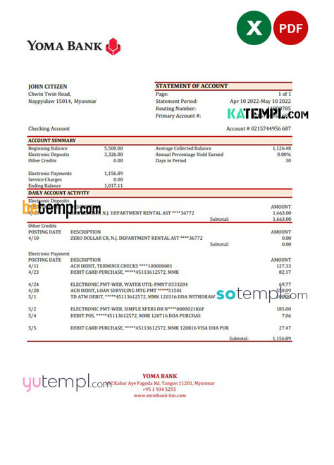 Myanmar Yoma bank statement Excel and PDF template