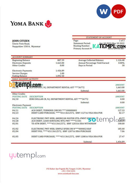 Myanmar Yoma bank statement template in Word and PDF format