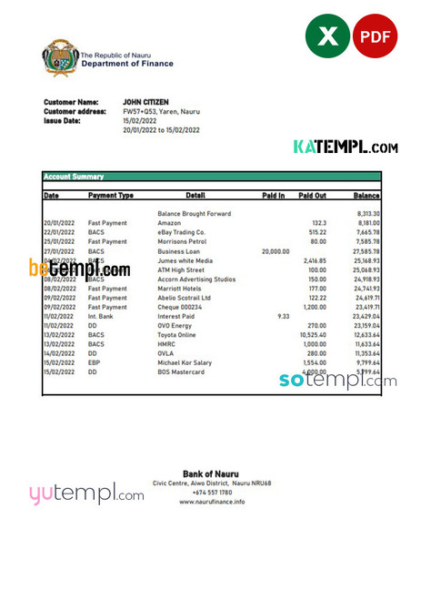 Nauru Bank of Nauru bank statement Excel and PDF template