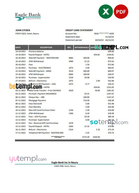 Nauru Eagle bank statement Excel and PDF template