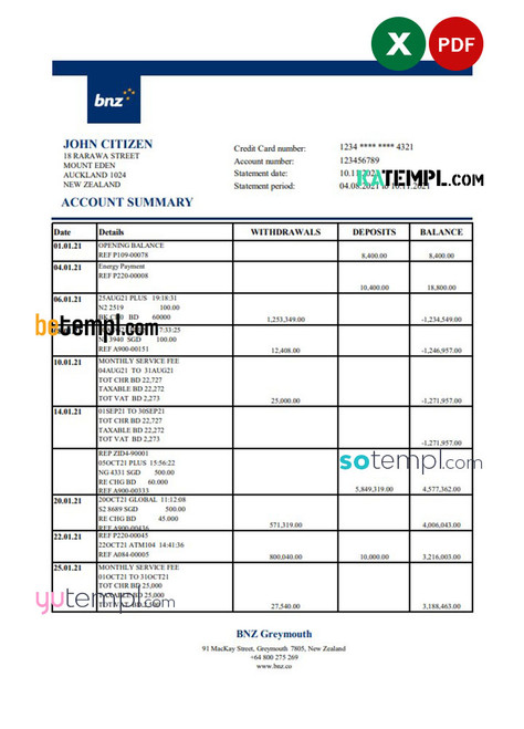 New Zealand BNZ Greymouth Bank statement easy to fill template in .xls and .pdf format