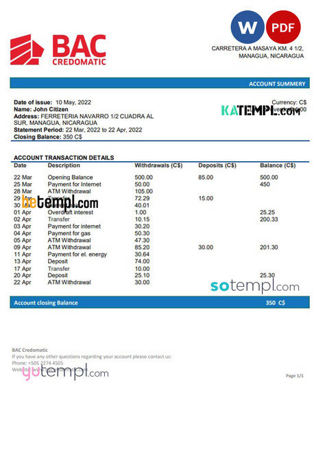 Nicaragua BAC Credomatic bank statement template in Word and PDF format