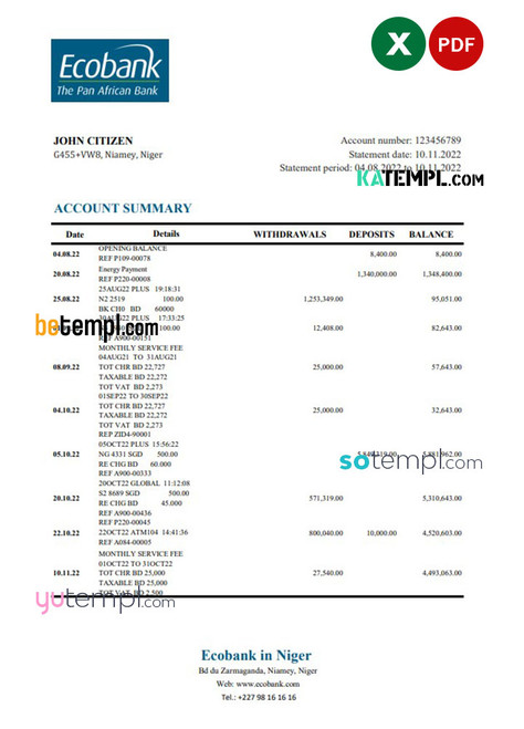 Niger Ecobank bank statement Excel and PDF template