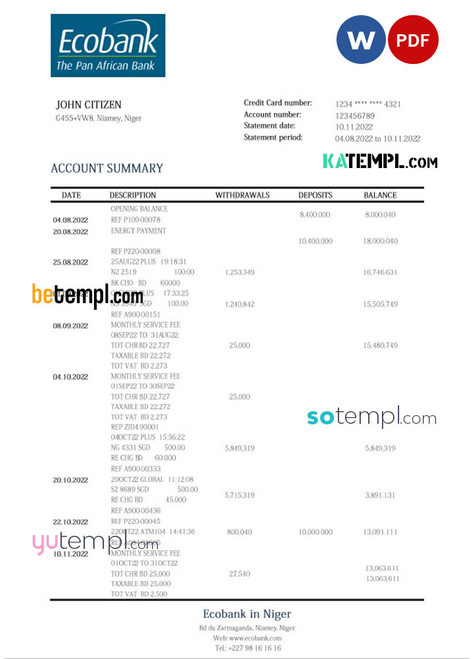 Niger Ecobank bank statement template in Word and PDF format