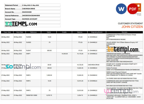Nigeria GTBank statement, Word and PDF template, version 2