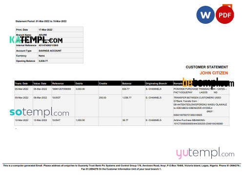 Nigeria Guaranty Trust Bank (GTBank) savings account statement Word and PDF template