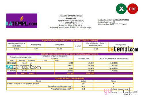 Nigeria Polaris Bank statement easy to fill template in Excel and PDF format