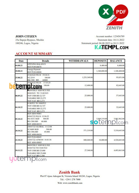 Nigeria Zenith Bank statement Excel and PDF template