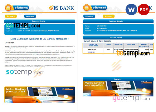 Pakistan JS bank e-statement, Word and PDF template, 3 pages