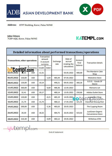 Palau ADB bank statement Excel and PDF template