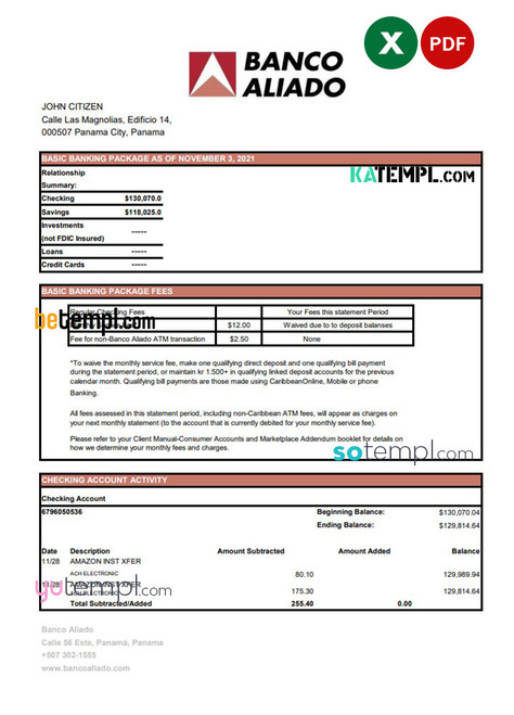 Panama Banco Aliado bank statement easy to fill template in Excel and PDF format