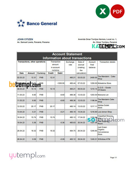 Panama Banco General bank statement Excel and PDF template