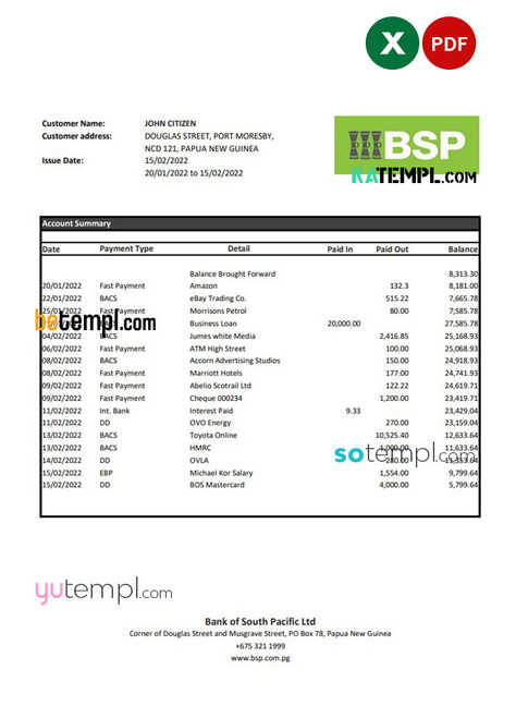 Papua New Guinea BSP bank statement Excel and PDF template