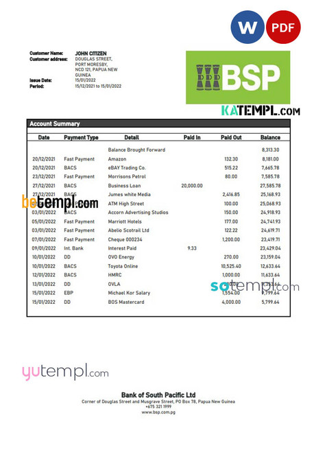 Papua New Guinea BSP bank statement template in Word and PDF format