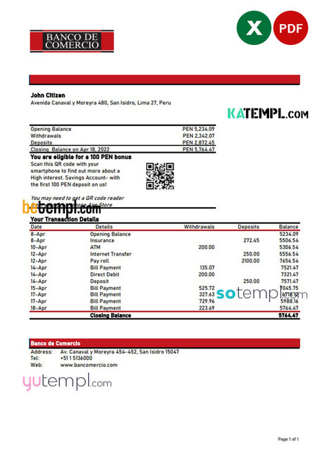 Peru Banco de Comercio bank statement Excel and PDF template