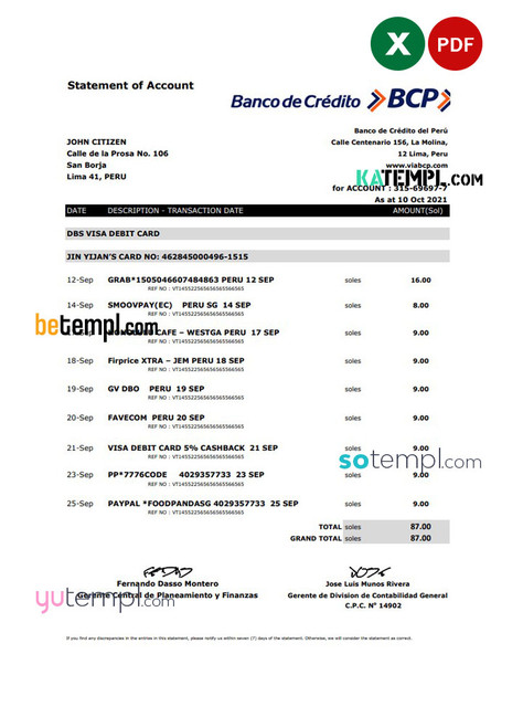 Peru Banco de Credito del Peru (BCP) bank statement easy to fill template in Excel and PDF format