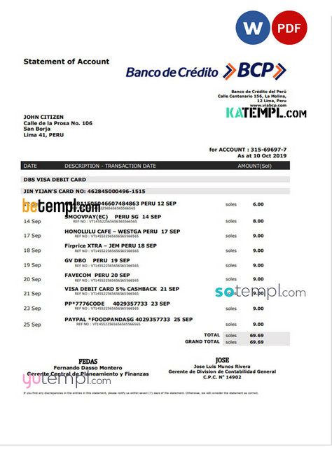 Peru Banco de Credito del Peru (BCP) proof of address bank statement template in Word and PDF format