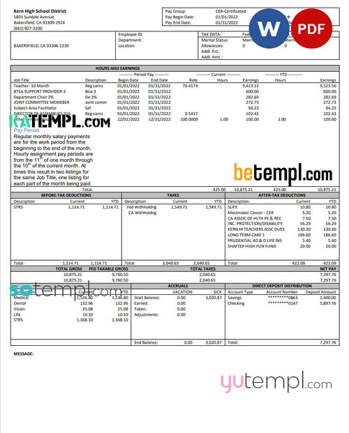 USA California Kern highschool District earnings statement Word and PDF template