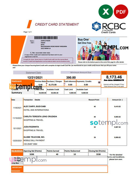 Philippines Rizal Commercial Banking Corporation (RCBC) credit card statement template in .xls and .pdf file format