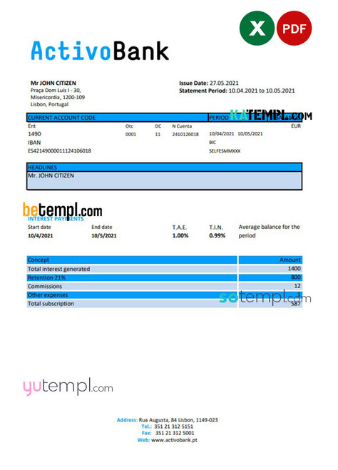 Portugal Activobank S.A. bank statement template in Excel and PDF format, .xls and .pdf format