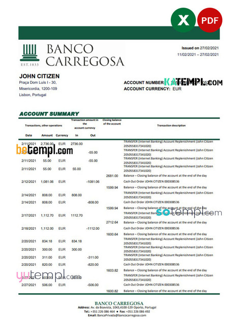 Portugal Banco Carregosa bank statement template in Excel and PDF format, .xls and .pdf format