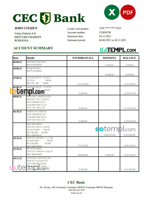 Romania CEC Bank statement easy to fill template in Excel and PDF format