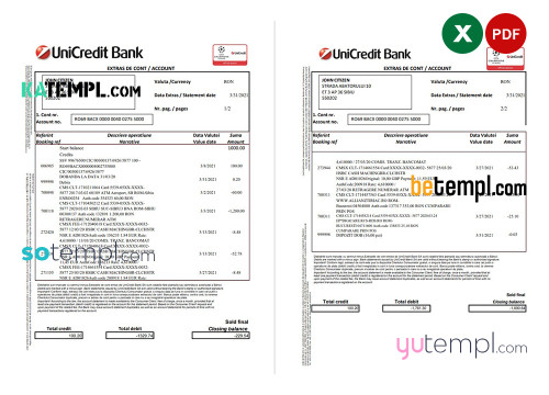 Romania UniCredit Bank statement template in Excel and PDF format (2 pages) in Romanian and English languages