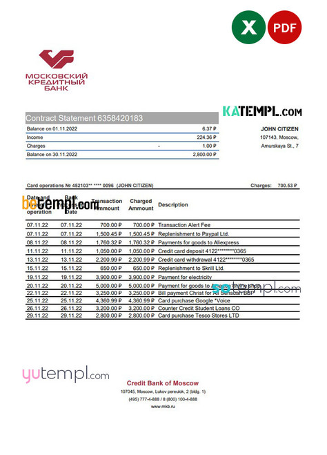 Russia Credit Bank of Moscow bank statement, Excel and PDF template