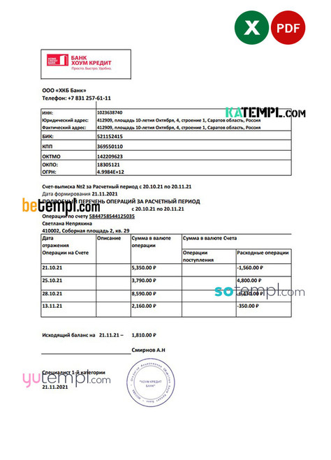 Russia Home Credit bank statement easy to fill template in .xls and .pdf file format