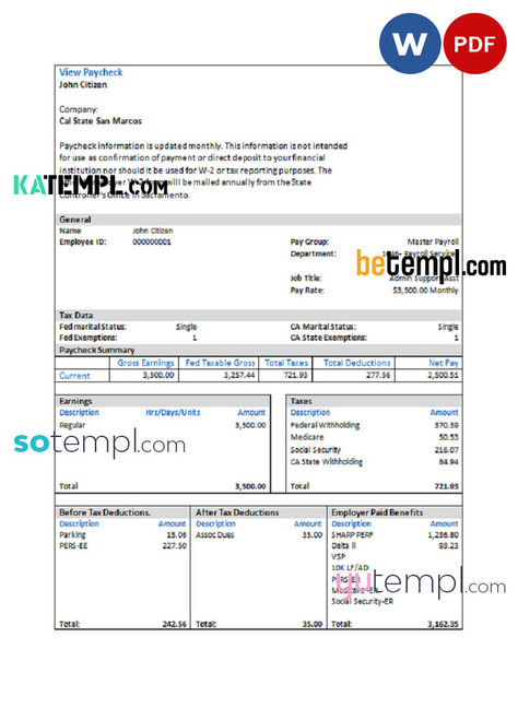 USA Cal State San Marcos payroll services company pay stub Word and PDF template
