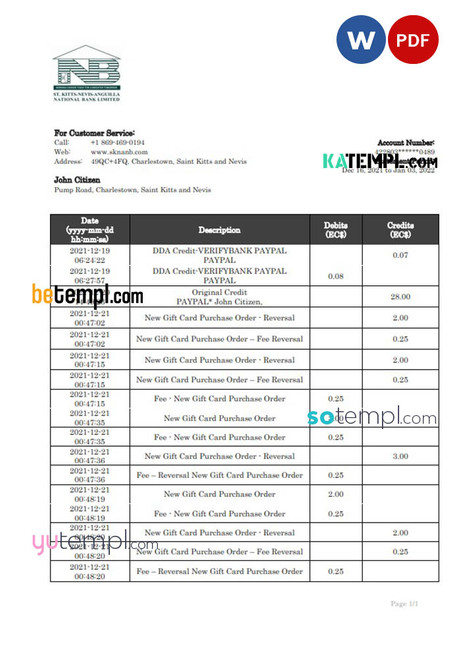 Saint Kitts and Nevis SKNA bank proof of address statement template in Word and PDF format