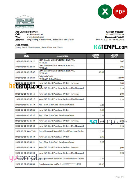 Saint Kitts and Nevis SKNA bank statement, Excel and PDF template