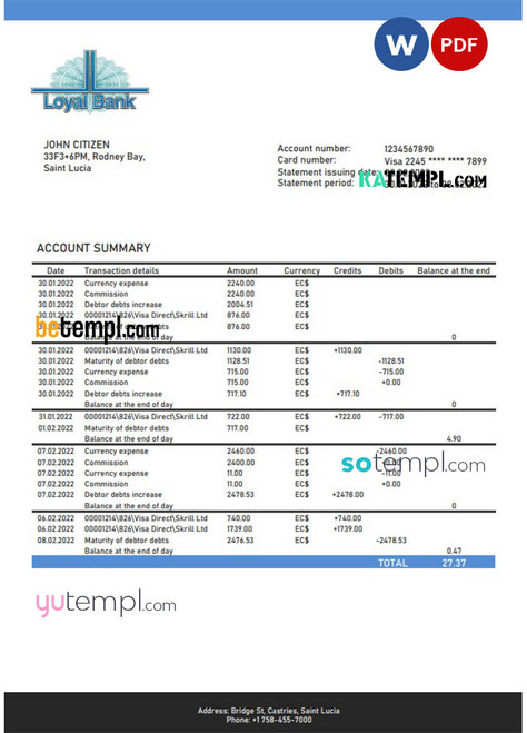 Saint Lucia Loyal Bank bank proof of address statement template in Word and PDF format