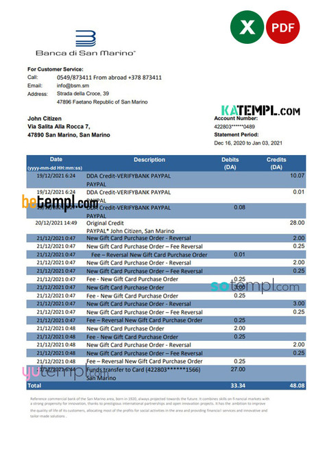 San Marino Banca di San Marino bank statement, Excel and PDF template