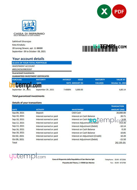 San Marino Cassa di Risparmio bank statement easy to fill template in Excel and PDF format