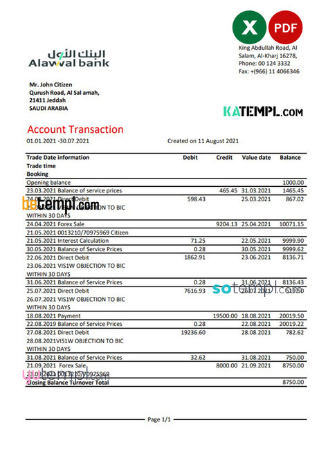 Saudi Arabia Alawwal Bank statement easy to fill template in .xls and .pdf file format