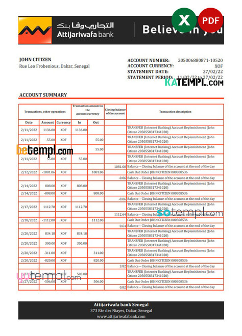 Senegal Attijariwafa bank statement, Excel and PDF template