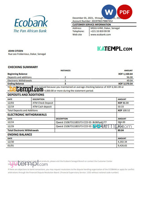 Senegal Ecobank bank statement template in Word and PDF format