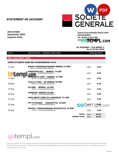 Serbia Societe Generale bank proof of address statement template in Word and PDF format
