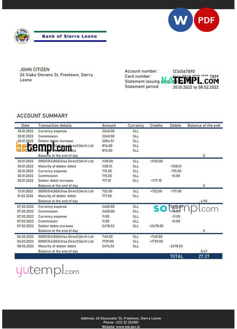 Sierra Leone Bank of Sierra Leone bank statement template in Word and PDF format